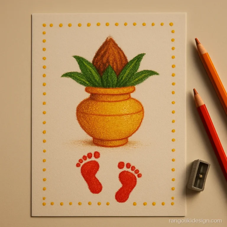Diwali rangoli drawing on paper with Laxmi charan footprints and a kalash