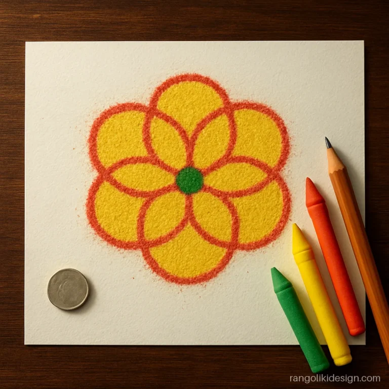 Rangoli drawing easy and beautiful with overlapping coin circles forming a flower