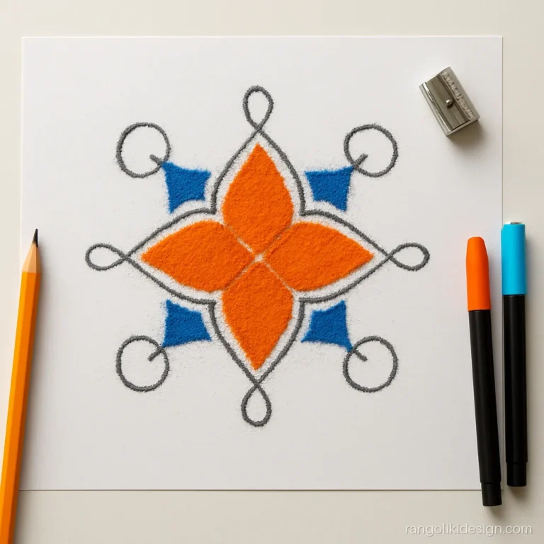 Easy rangoli design drawing on a 5 by 5 dot grid with a star in the centre