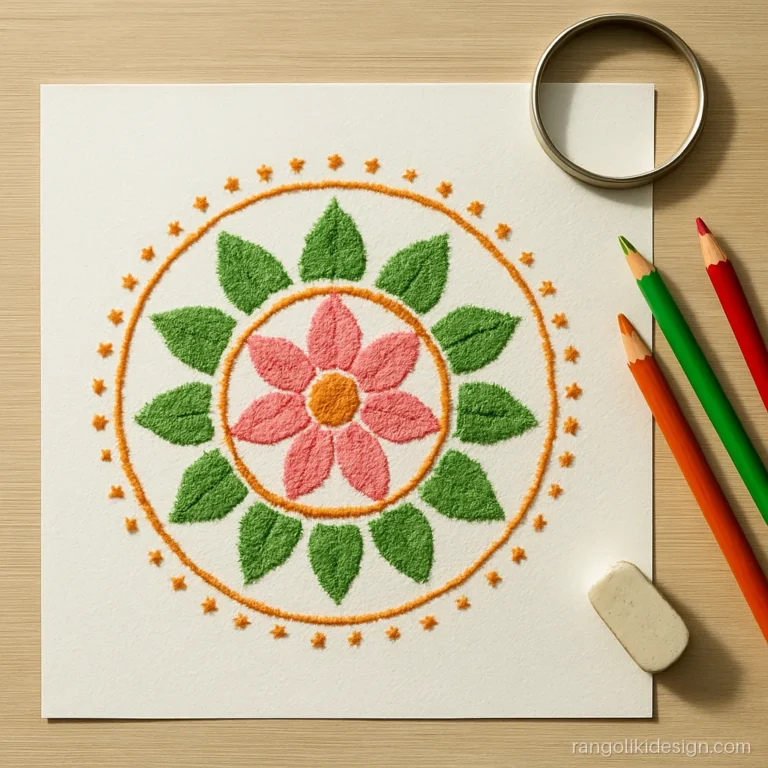Easy rangoli drawing of an eight petal flower on white paper with colour pencils