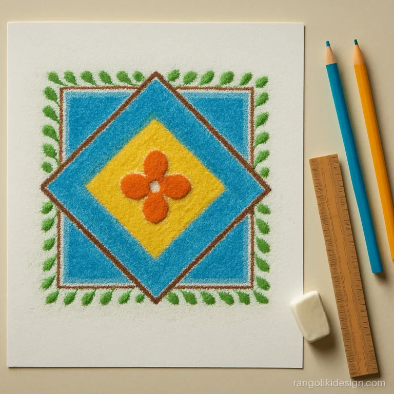 Easy rangoli art drawing of a square with a diamond and leaf border