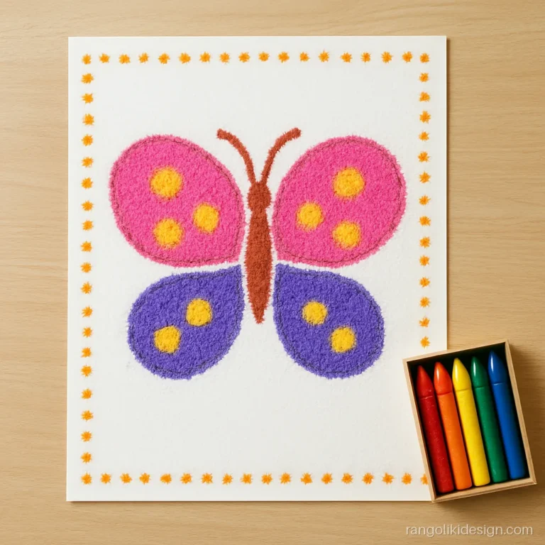 Rangoli drawing for kids of a butterfly with round wings in crayons