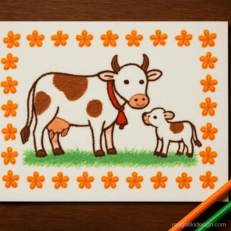 Easy draw cow and calf rangoli on paper for Vasubaras