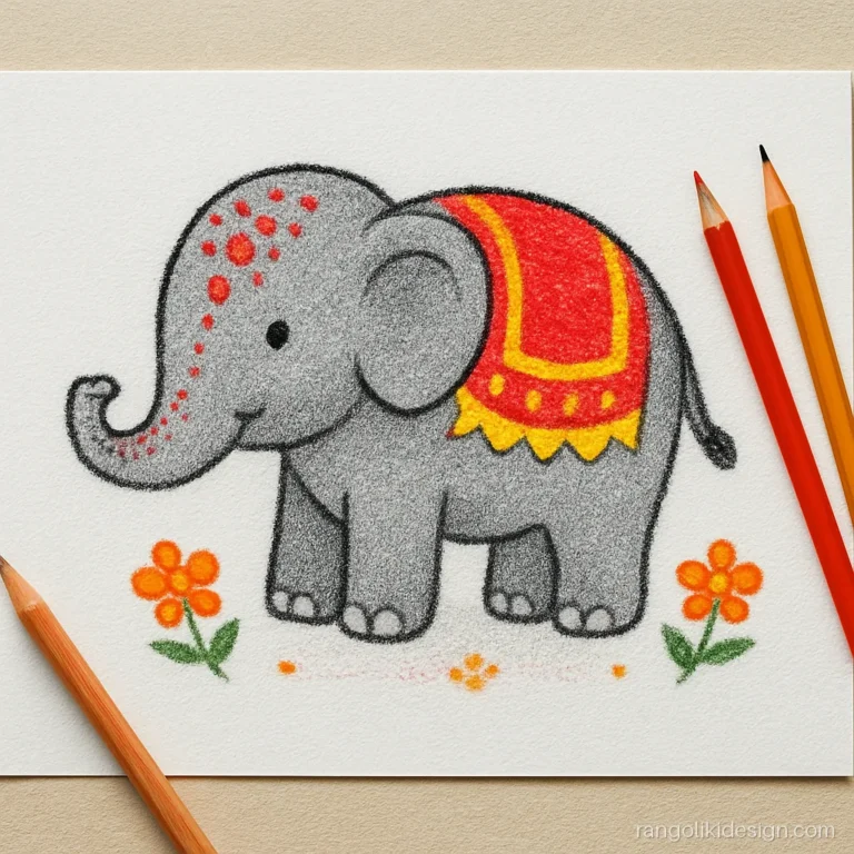 Rangoli chitra of a cute elephant with a decorated back for class 2
