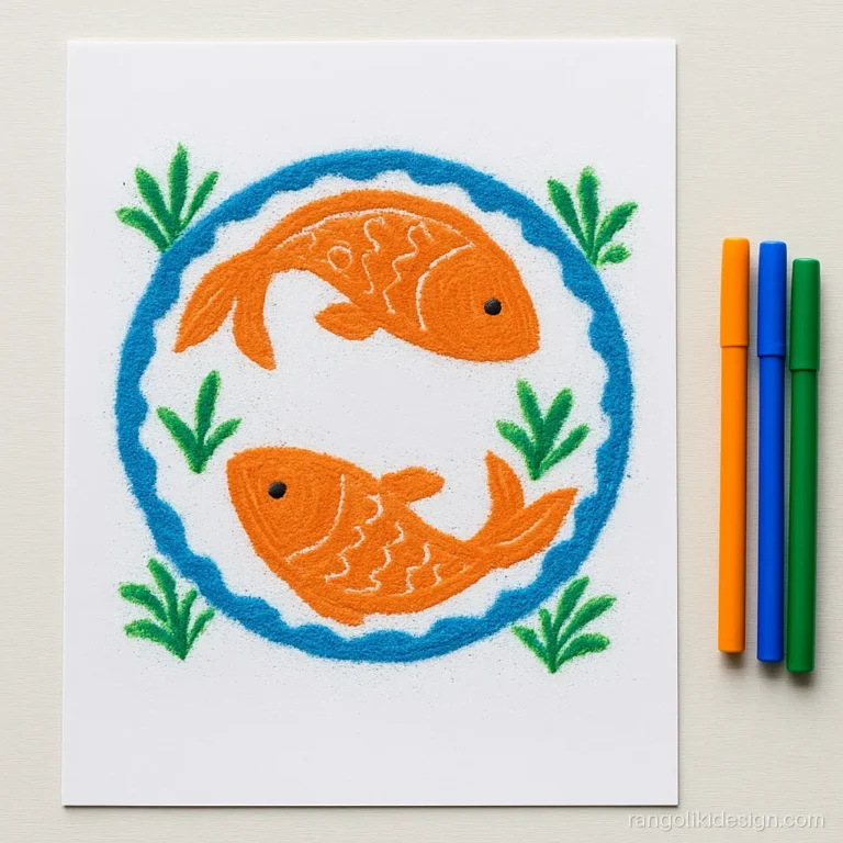 Easy rangoli drawing on paper of two fish swimming in a circle