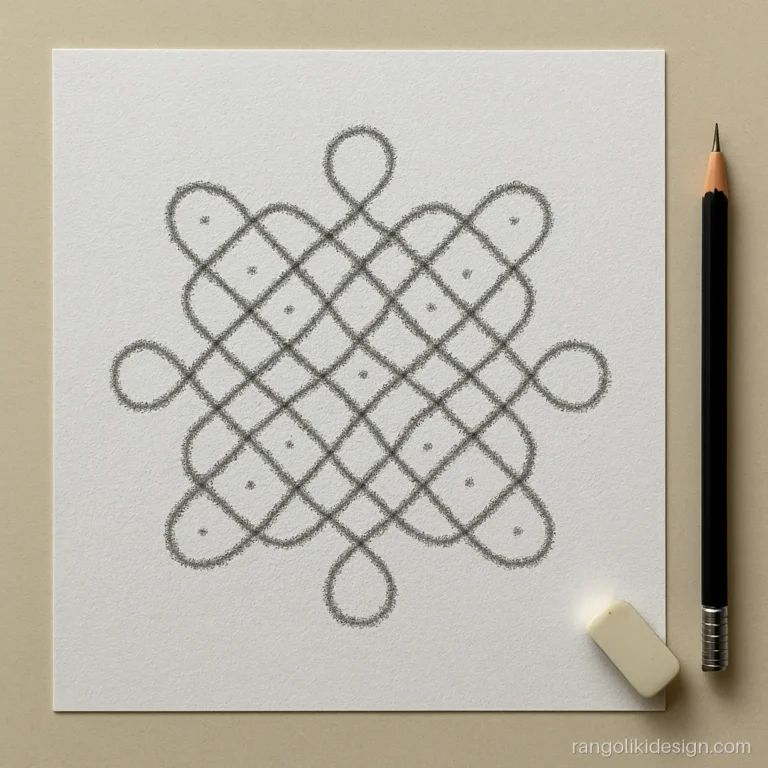 Pencil sketch rangoli drawing of a kolam with loops around a dot grid