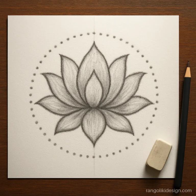 Symmetrical rangoli design on paper with a pencil lotus and dot border