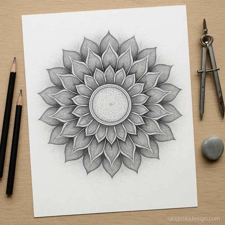 Pencil rangoli drawing of a shaded mandala with three rings of petals