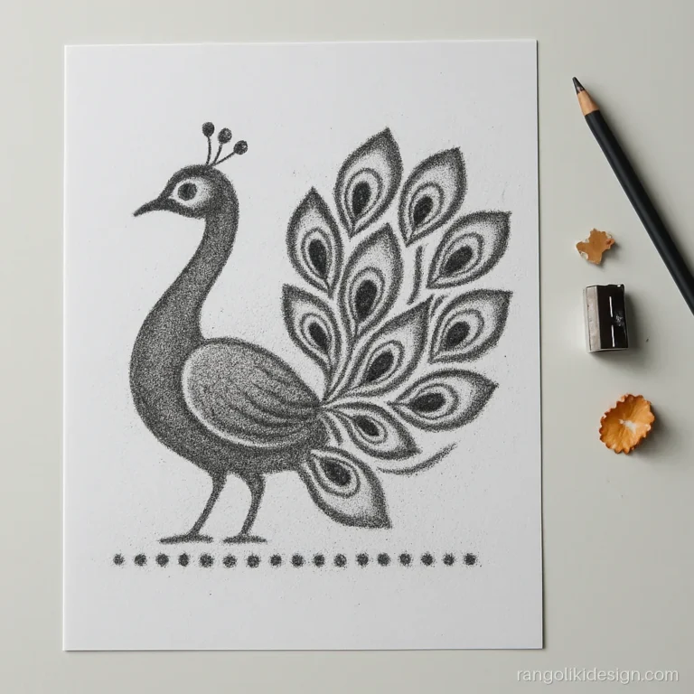 Peacock rangoli drawing in pencil with feather eyes and a curved neck
