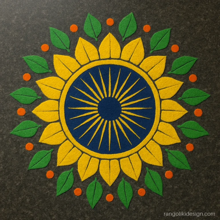 Big colourful rangoli photo of a chakra wheel with yellow petals