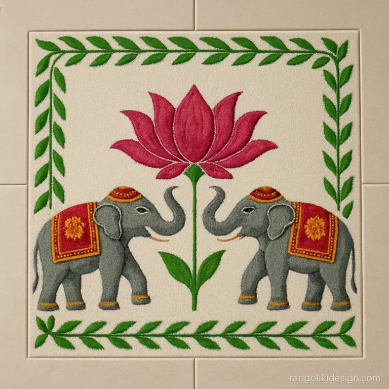 Paint rangoli design image with two elephants and a lotus on floor tiles