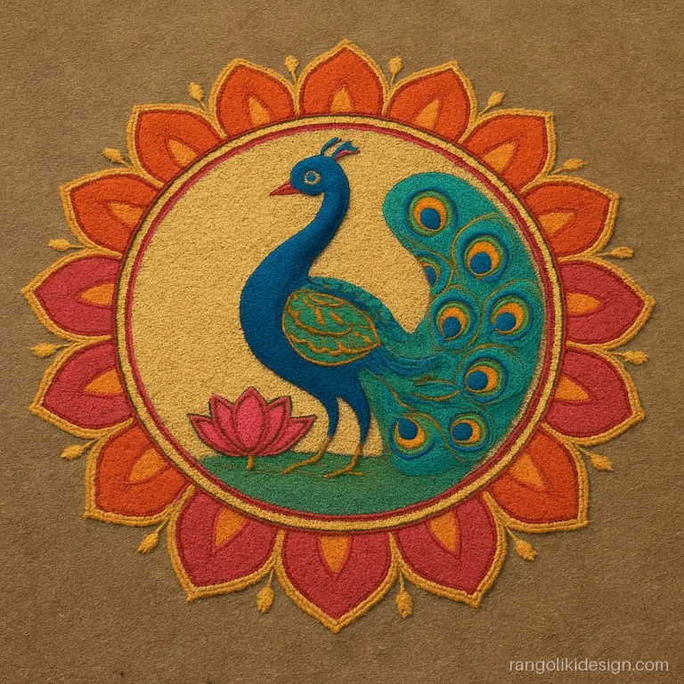 Big rangoli design photo with a peacock inside a round mandala frame