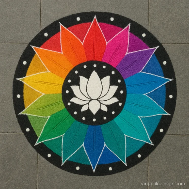 Large multicolour rangoli design image of a sixteen-point star mandala