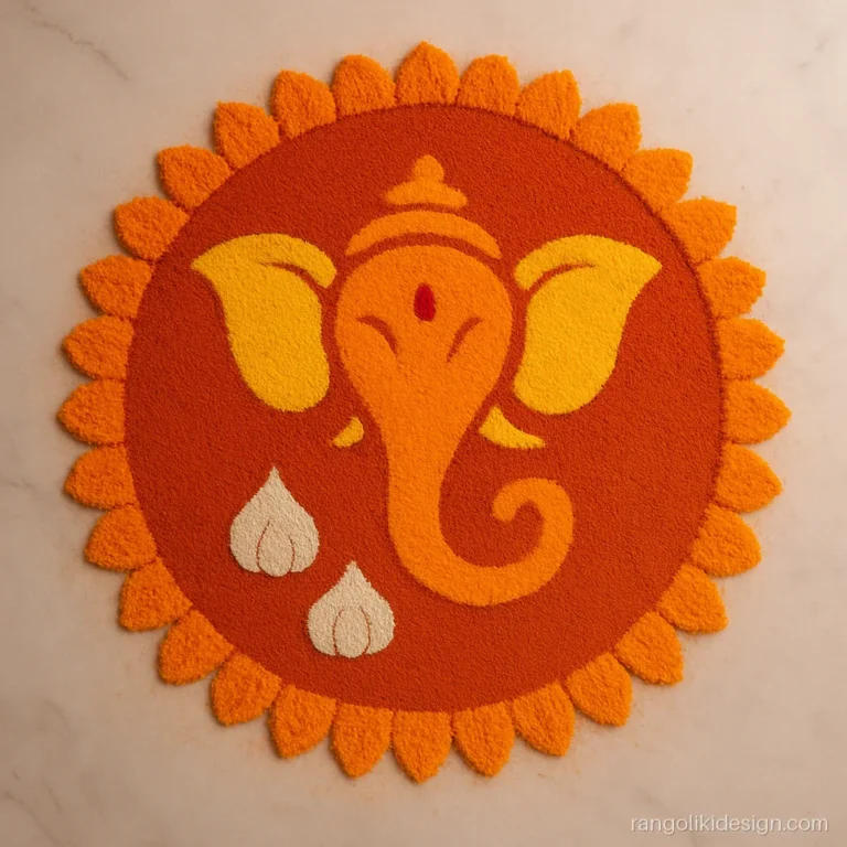 Diwali rangoli image with a simple Ganesh outline and two modaks