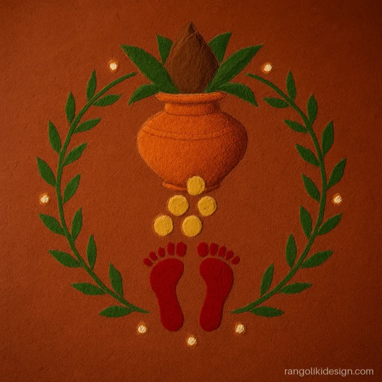 Rangoli photo for Laxmi Pujan with a kalash, gold coins and footprints