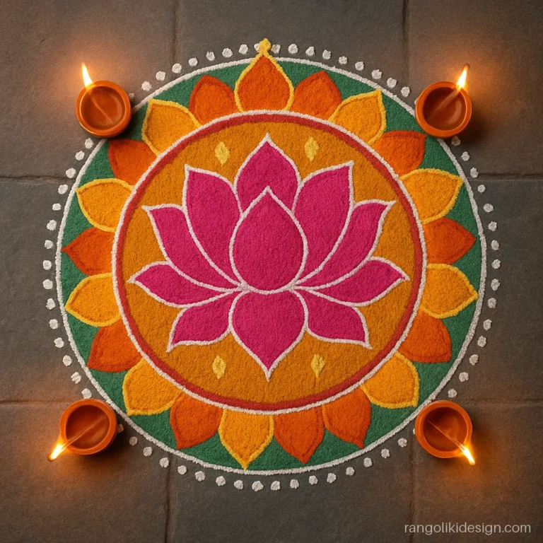 Diwali rangoli design image with a pink lotus mandala and four diyas