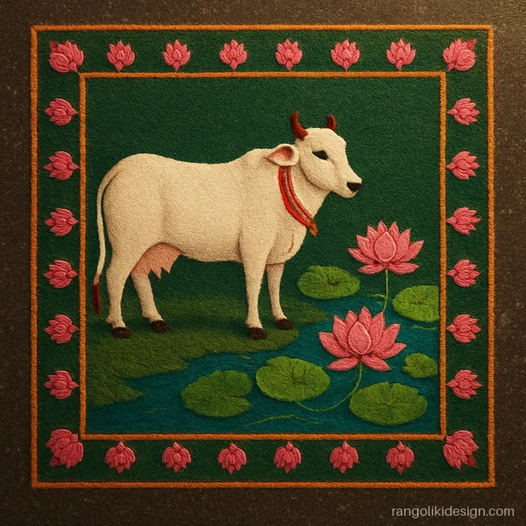 Pichwai rangoli design with a white cow beside a pink lotus pond