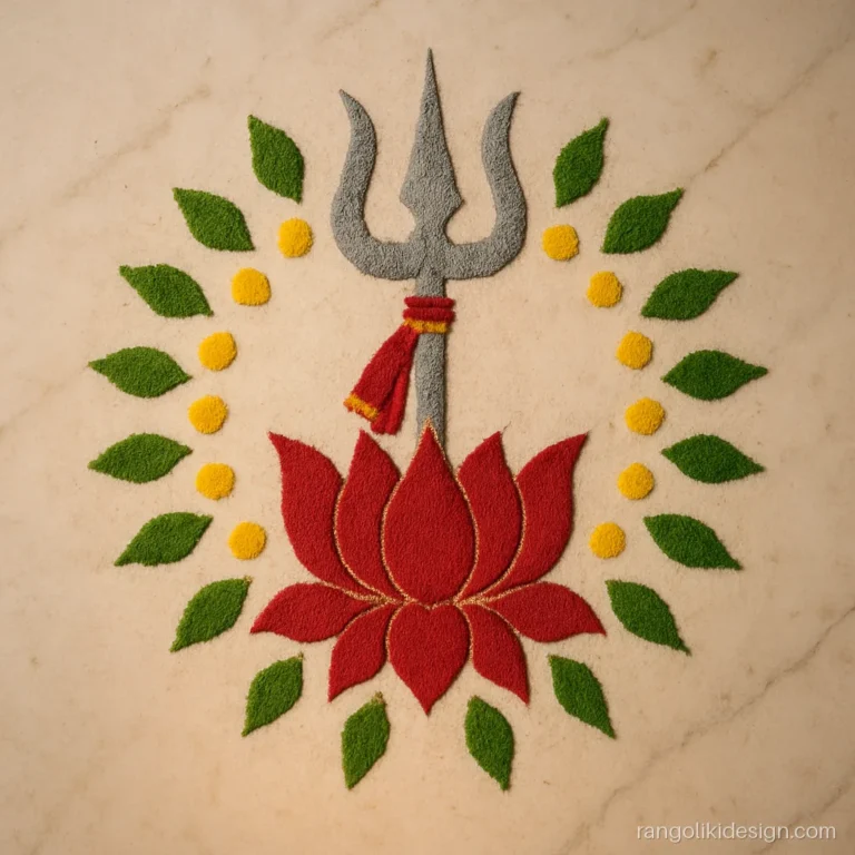 Durga maa rangoli design image with a trishul on a red lotus