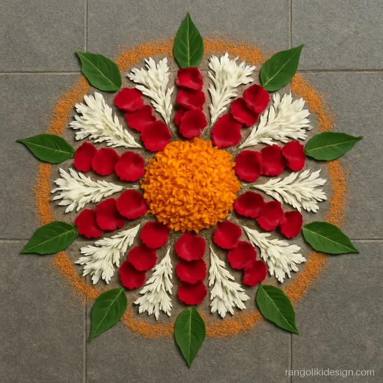 Flower rangoli designs photo of a marigold sun with rose petal rays