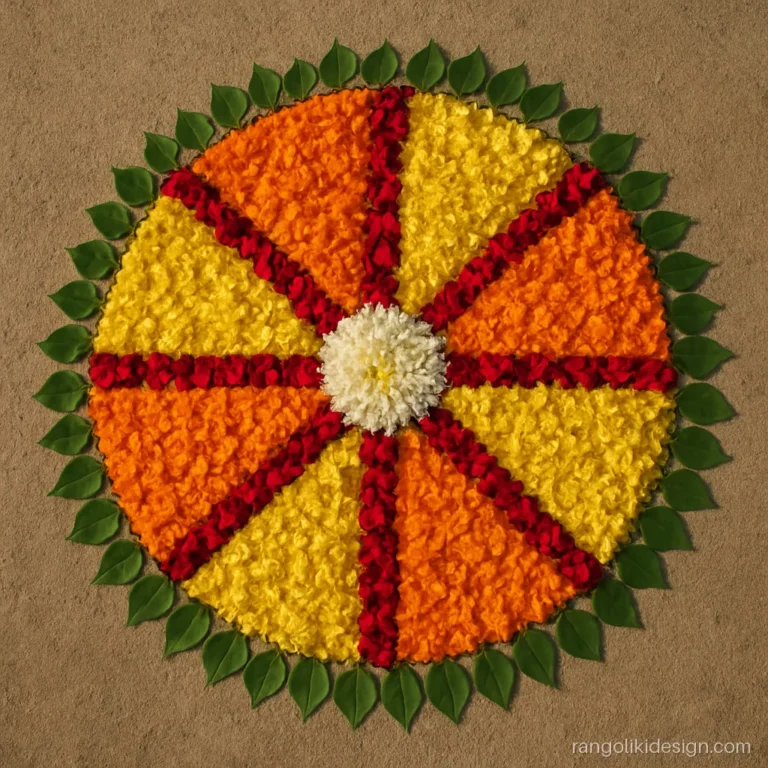Images of rangoli designs made with mixed flower petals in an eight-part mandala