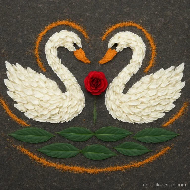 Flower rangoli photo of two swans made with white petals and green leaves
