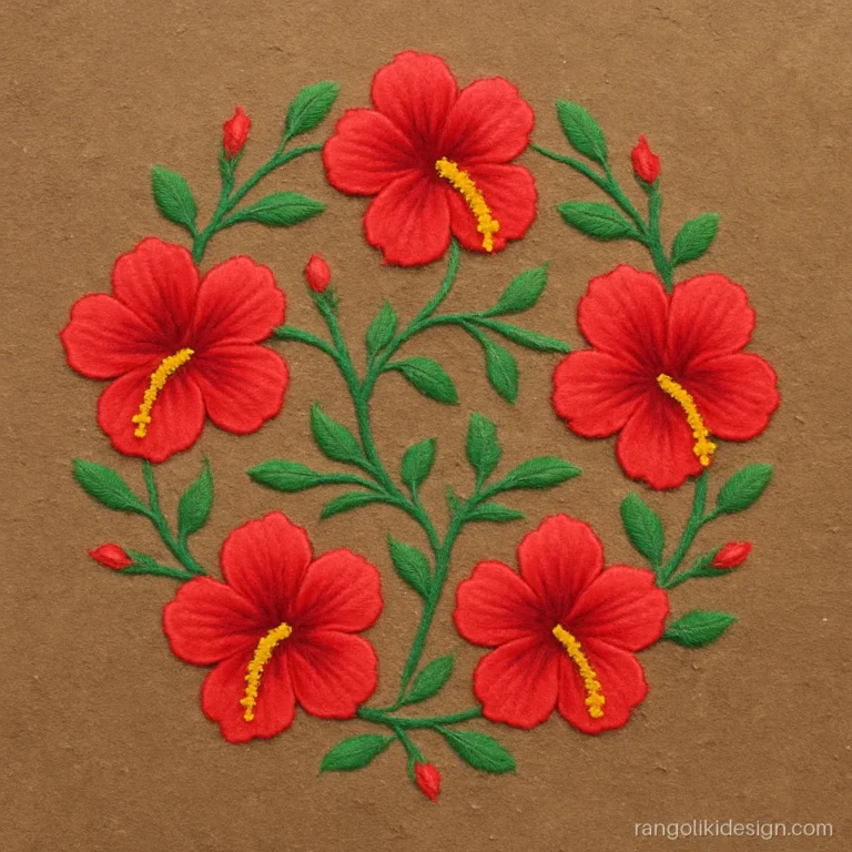 Rangoli design photo of red hibiscus flowers on a green vine ring