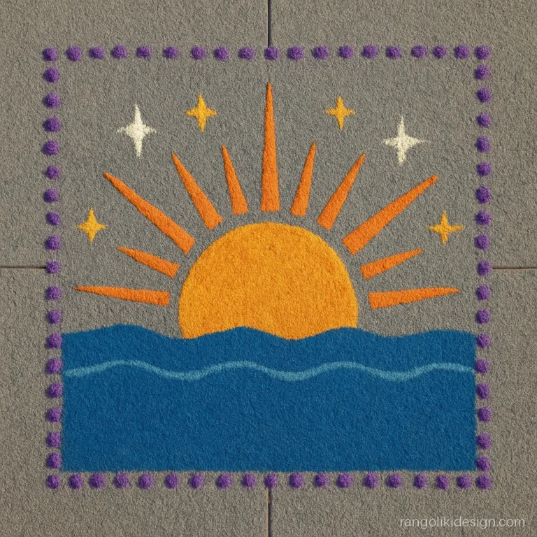 New year rangoli design with a rising sun and white sparkles
