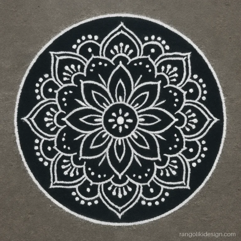 Traditional rangoli mandala in black and white with fine detail