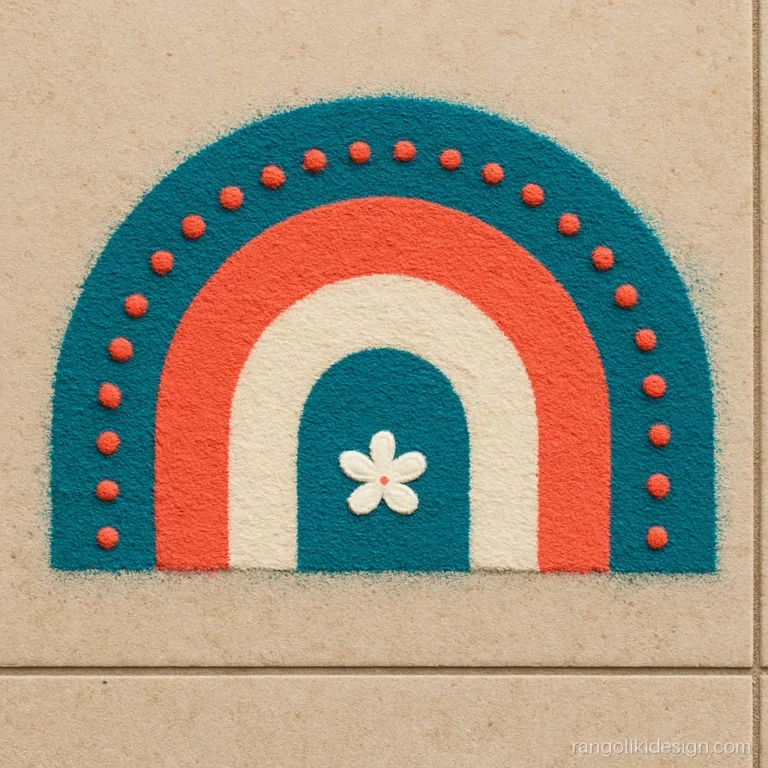Half circle rangoli design image in teal and coral for a flat doorway