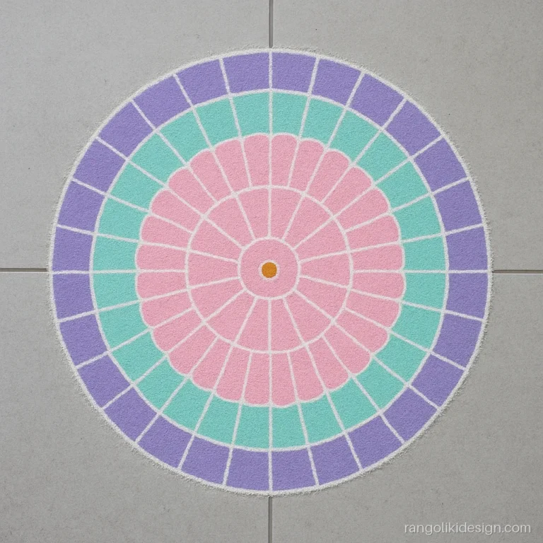 Circle rangoli design in pastel pink, mint and lilac with fine white lines