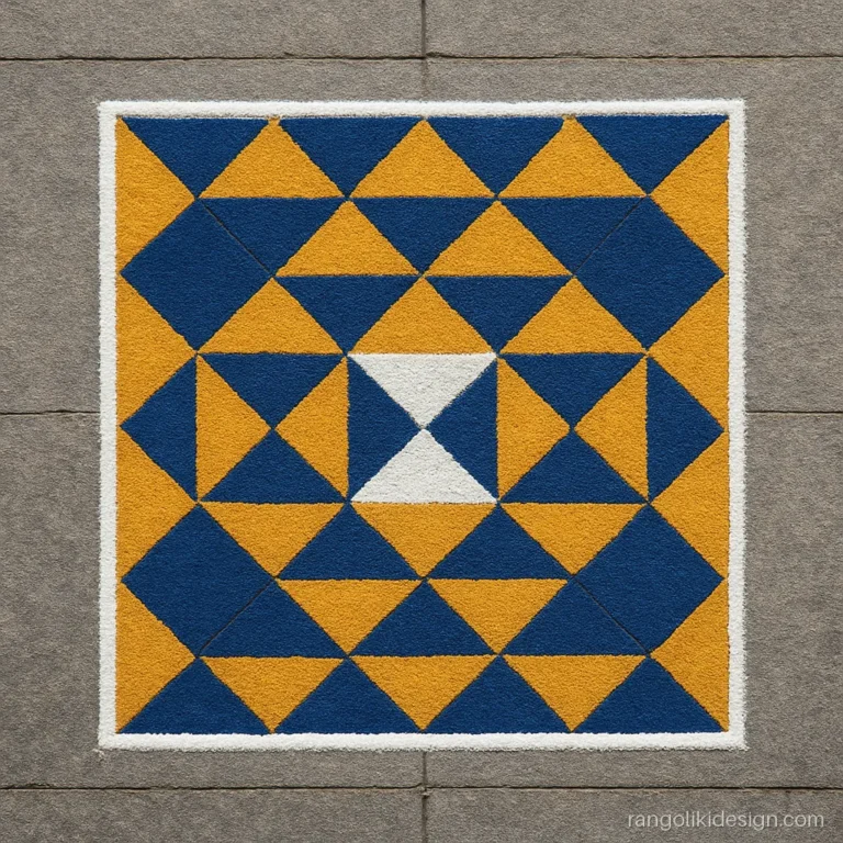 Simple square rangoli design with geometric triangles in navy and mustard