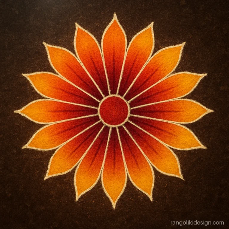 Unique rangoli design with sixteen petals shaded from red to yellow