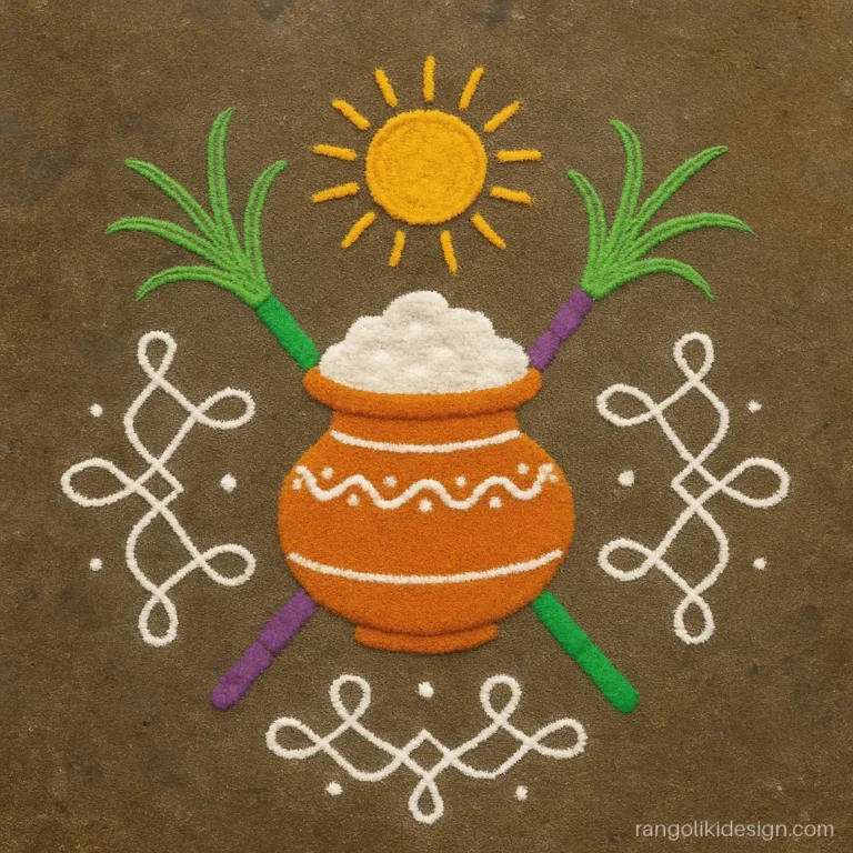 Rangoli kolam designs images for Pongal with a pot and sugarcane