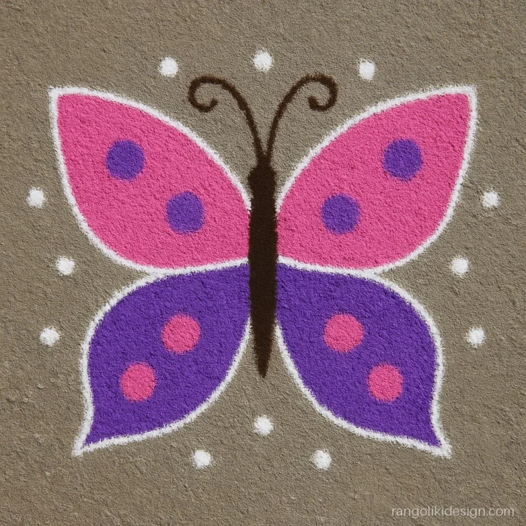 Easy rangoli image of a pink and purple butterfly on a small dot grid