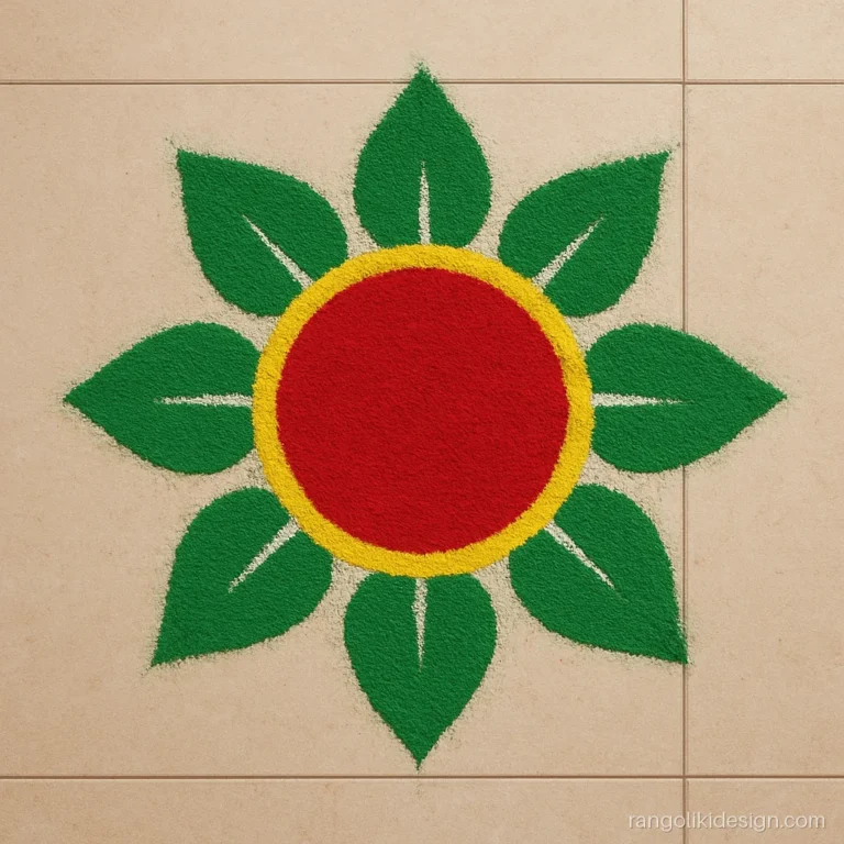 Simple circle rangoli photo with eight green leaves around a red centre