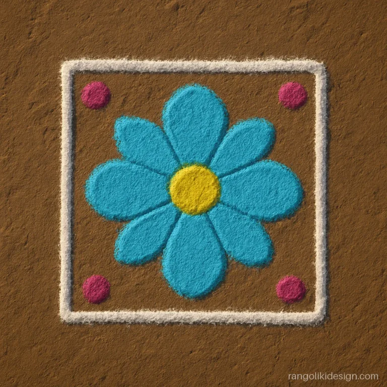 Simple square rangoli design with a blue four-petal flower and pink corner dots