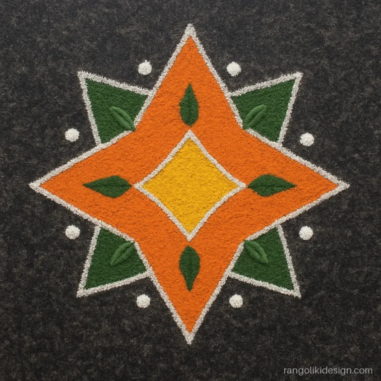 Simple rangoli photo of an orange eight-point star with tulsi leaves