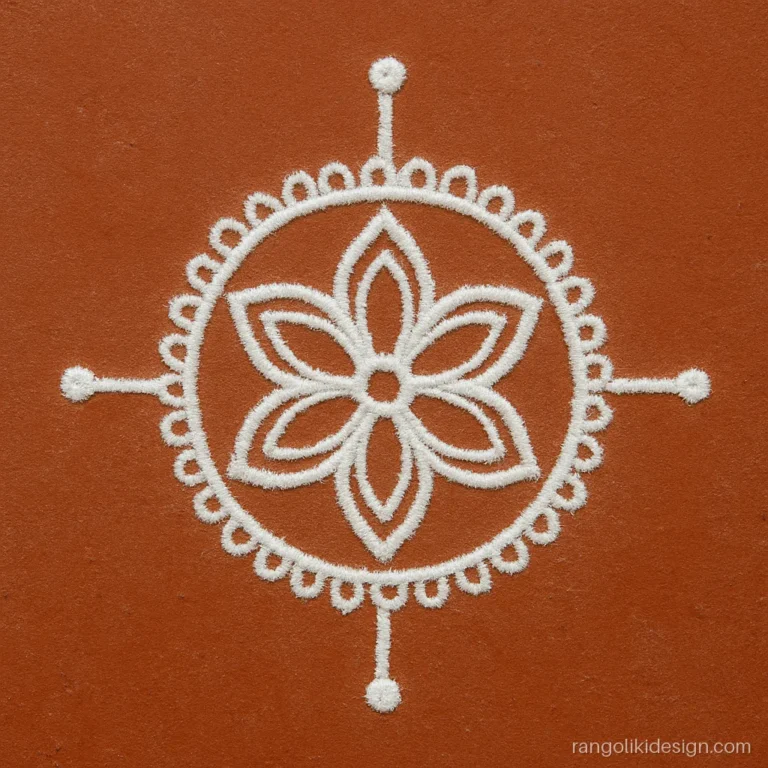 Simple rangoli designs images without colours: white lines on a gerua red floor