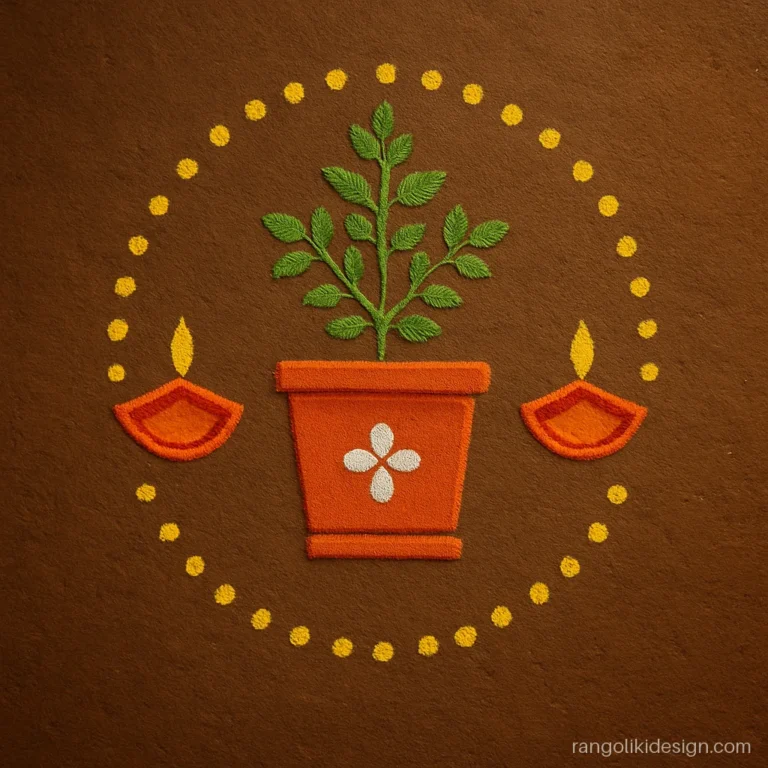Tulsi rangoli design image with a tulsi pot and two diyas