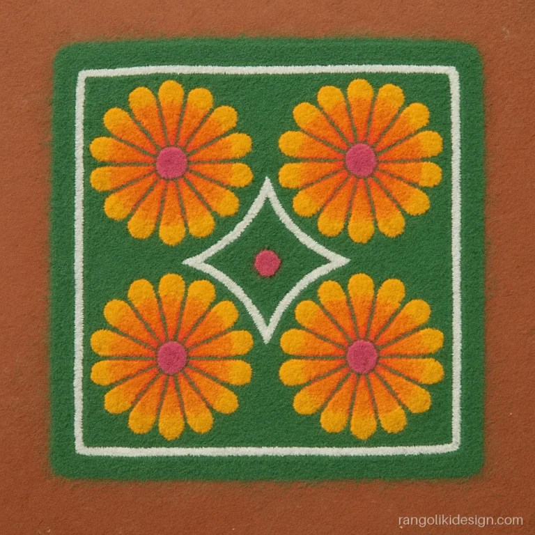 Big rangoli designs with stencils, one flower stencil repeated four times in a square