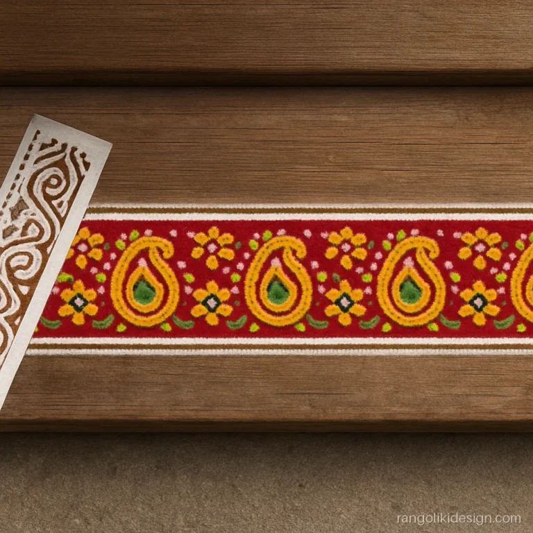 Stencil rangoli designs with colours as a border strip along a doorstep
