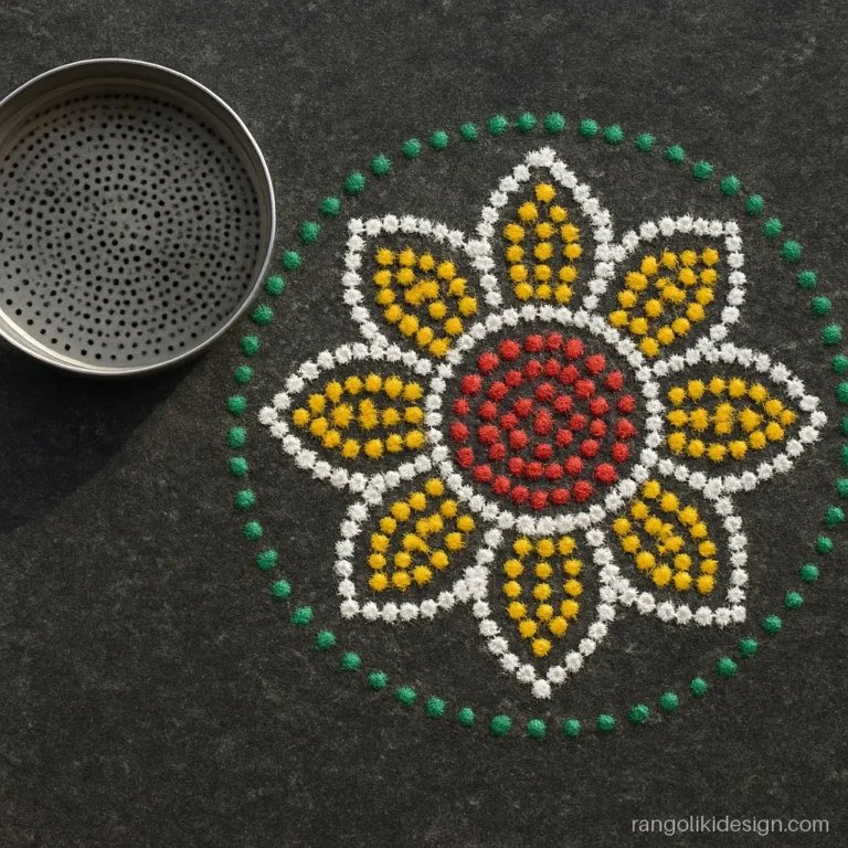 Chalni rangoli design made with a perforated sieve tin in a dotted flower pattern