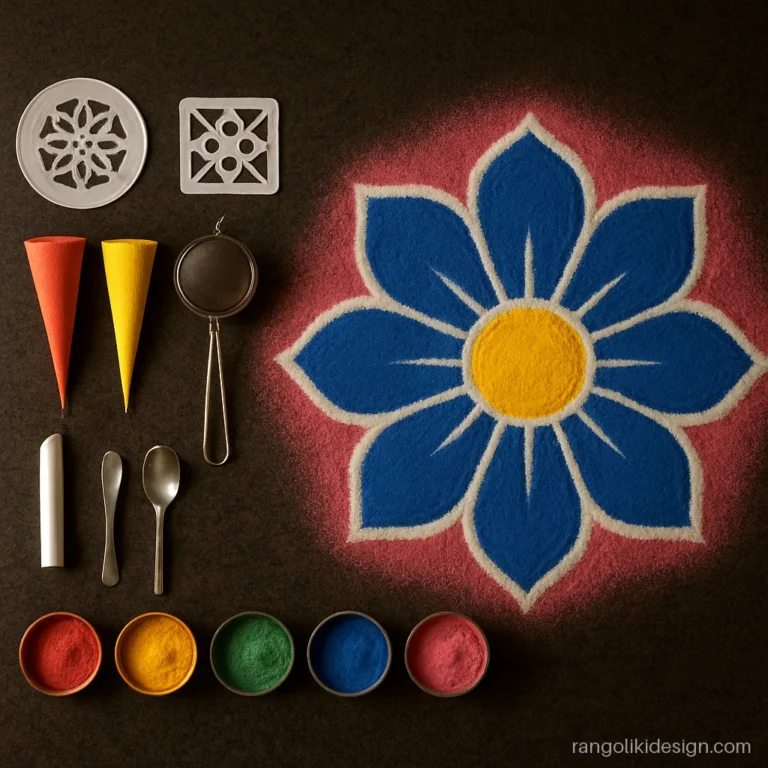 Rangoli kit with stencils, cone pens, tea strainer and colour bowls beside a finished flower