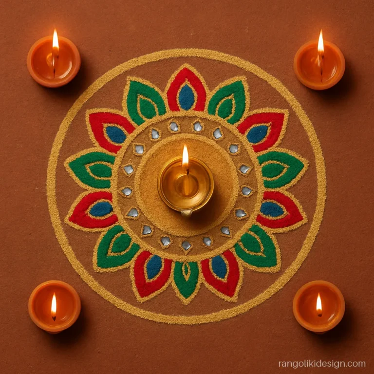 Readymade rangoli designs for Diwali on a round acrylic mat with kundan work