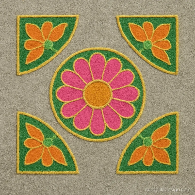 Corner rangoli mat set with four corner flower pieces and a round centre piece