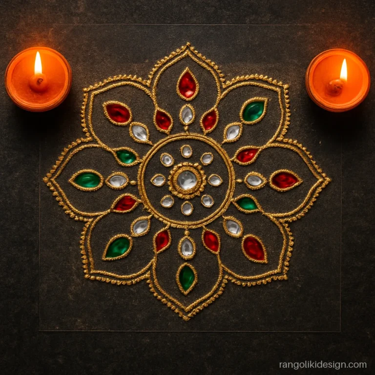 Border kundan rangoli design on an OHP sheet with stones glued to the outline