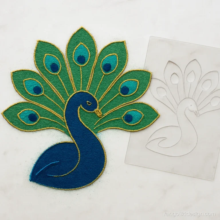 OHP sheet rangoli design of a peacock made with a home-cut clear stencil