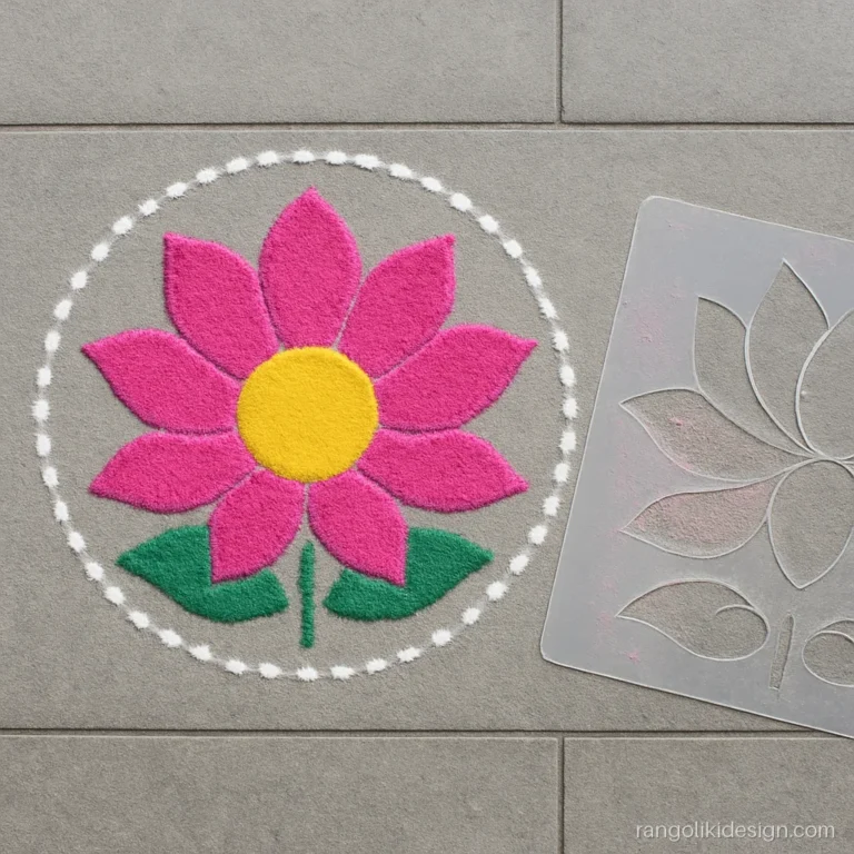 Rangoli stencil design of a pink lotus with the plastic stencil sheet lifted beside it
