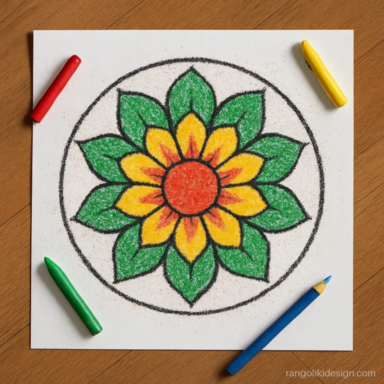 Kids easy printable rangoli design coloured with crayons on a paper sheet