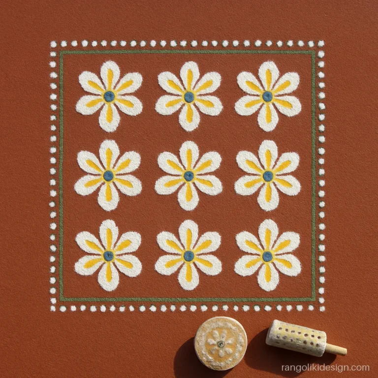 Rangoli stamp and roller tool making a dotted border and flower prints on red floor